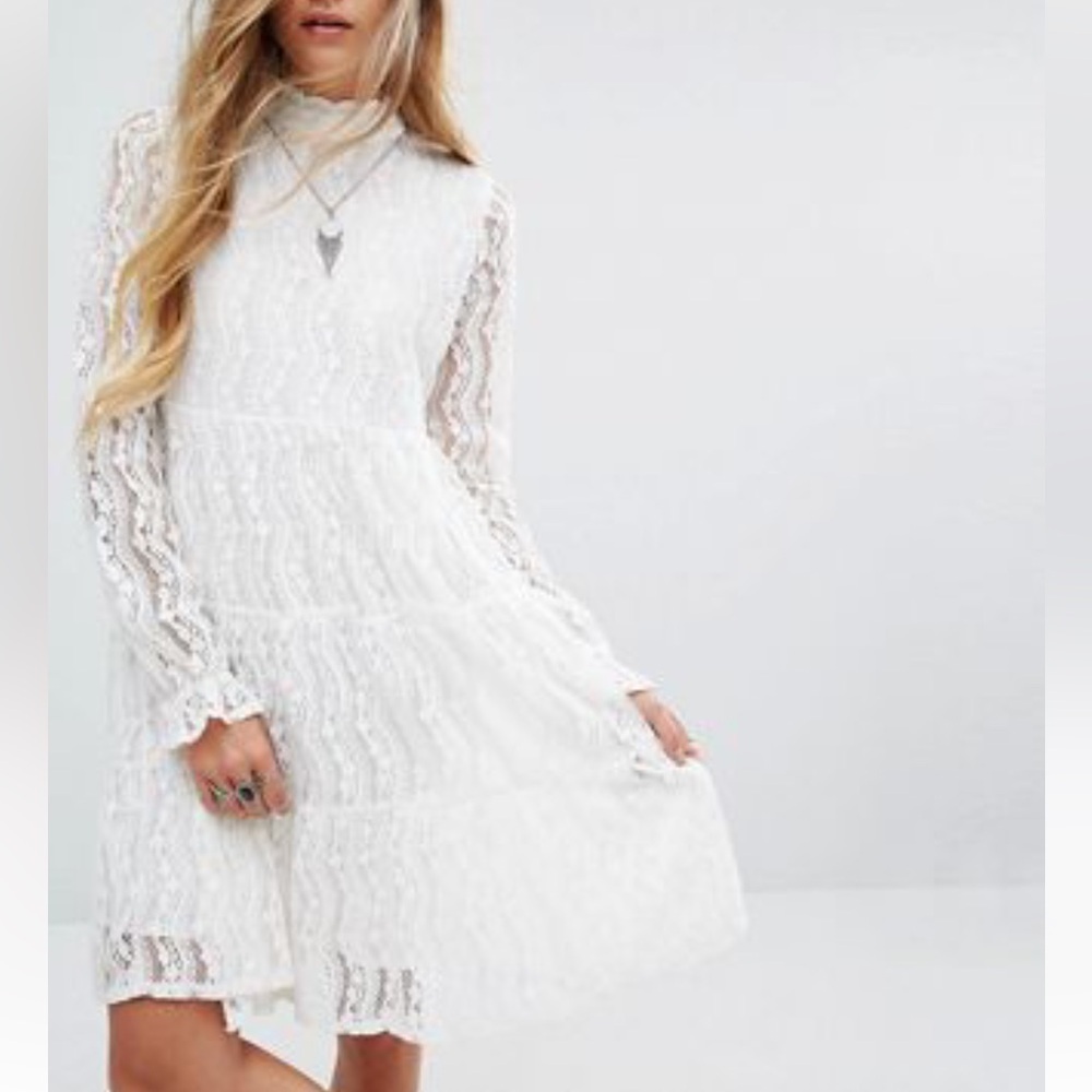 Navy London High Neck Smock Lace Mini Dress WHITE SZ S